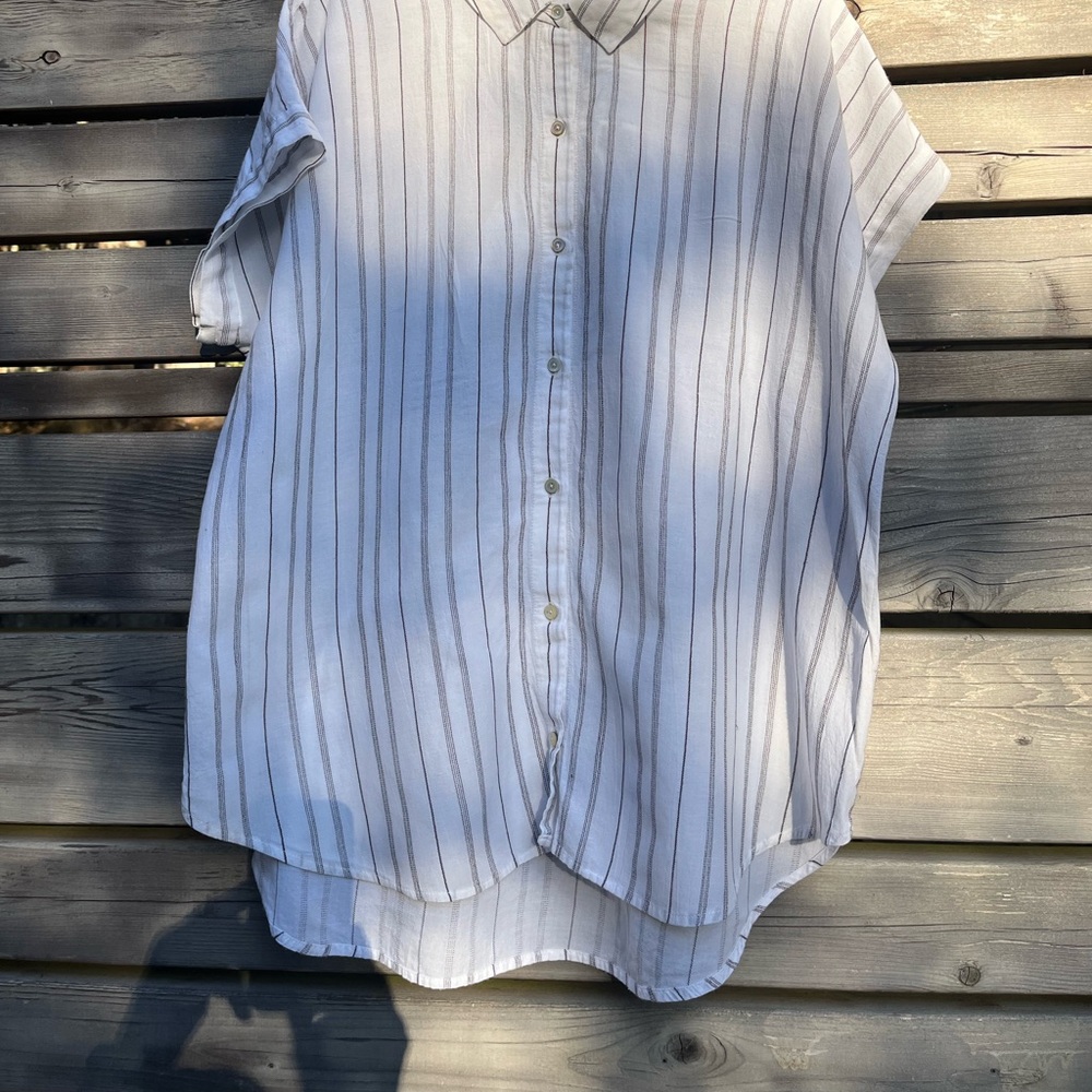Eileen Fisher White and Gray Striped Button-Down Shirt.